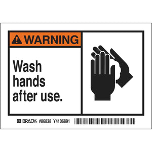 WARNING Wash hands after use. Labels, 3.5" H x 5" W x 0.006" D, Black/Orange on White