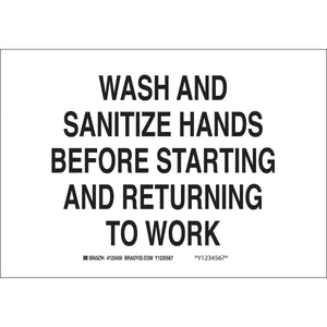 Wash And Sanitize Hands Before Starting And Returning To Work Sign, 7" H x 10" W x 0.006" D, Polyester