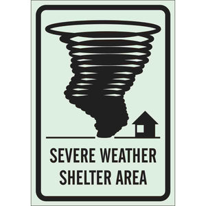 BradyGlo Black Severe Weather Shelter Area Sign, 10" H x 7" W x 0.008" D, Black on Glow, Polyester
