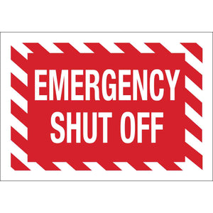 Emergency Shut Off Sign, 7" H x 10" W x 0.006" D, White on Red, Polyester